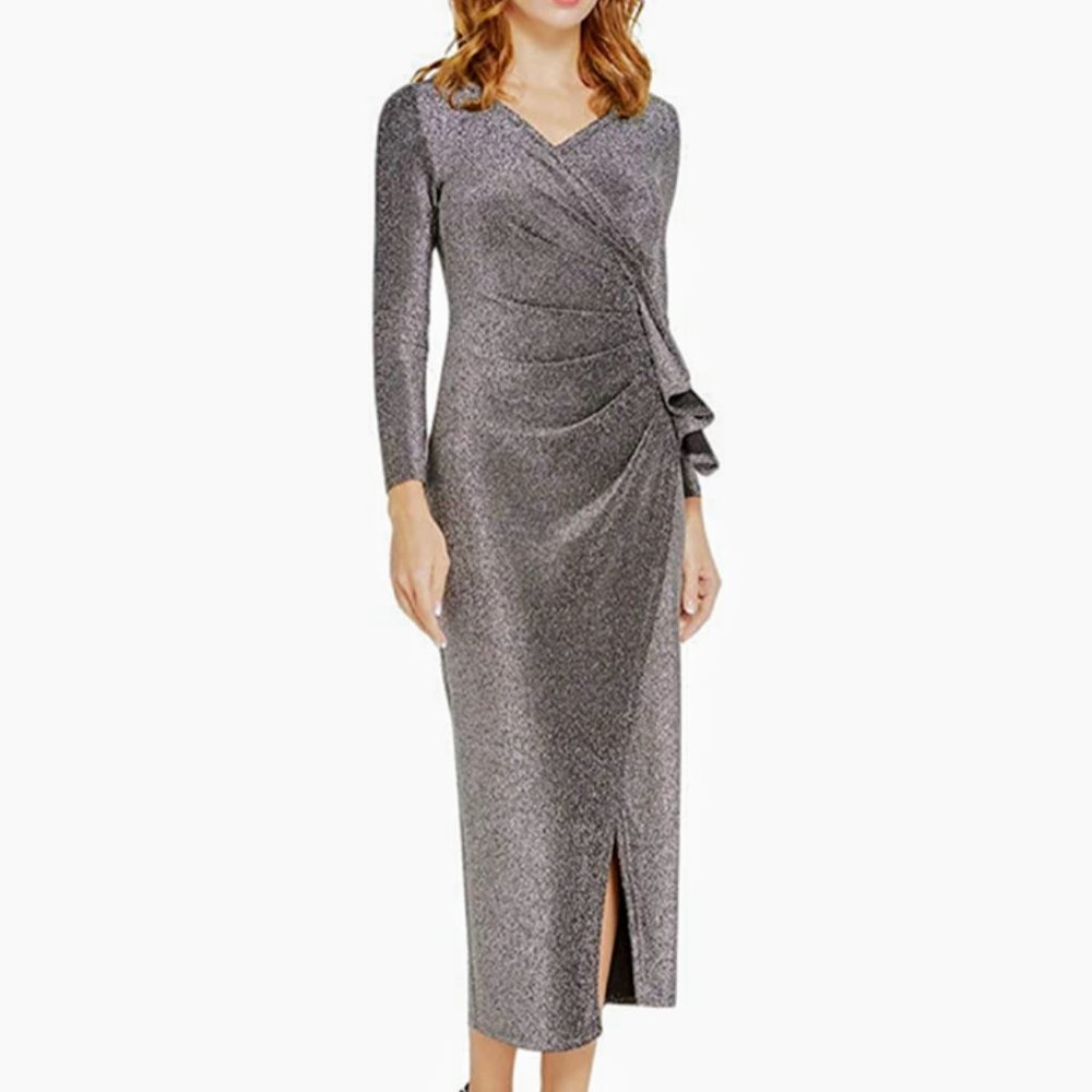 women's ruched wrap glitter v neck dress